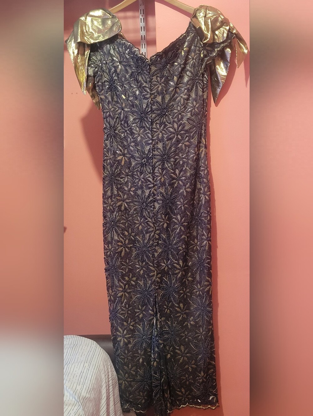 Navy & Gold Evening Dress With Golden Bow Shoulders